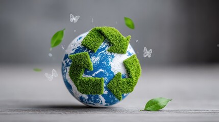 Fototapeta premium Globe with Green Recycle Symbol Surrounded by Leaves on Gray Background