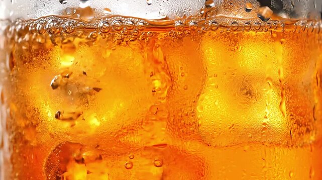 Sparkling orange soda glass with ice cubes and condensation droplets