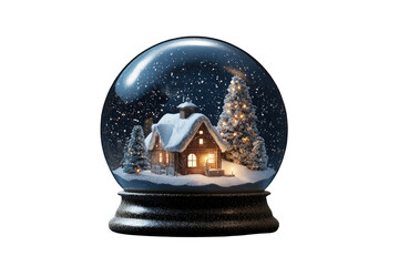Fototapeta premium A snow globe with a cozy house and a lit Christmas tree inside, amidst falling snow