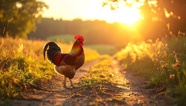 Gallo caminando por un sendero rural al amanecer con luz dorada y ambiente natural