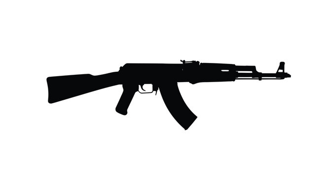 Silhouette of an ak 47 assault rifle against a white background