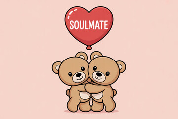 Adorable teddy bears embracing under heart shaped soulmate balloon