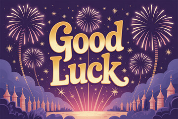 Vibrant good luck message with fireworks and castle at night