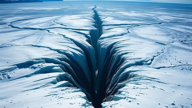 monopole. A vast glacier with a deep, dark crevasse splitting its surface, cold blue and white tones. travel magazines, destination branding, designed for outdoor magazines and nature guides.