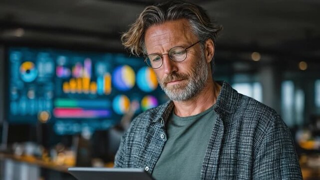  A composed professional with eyeglasses reviews a digital tablet, set against a backdrop of an informational display with charts and graphs, epitomizing focus and dedication.