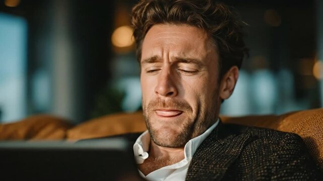  A man, with closed eyes, reveals a fleeting moment of distaste while focused on a screen, his expression a vivid display of revulsion.