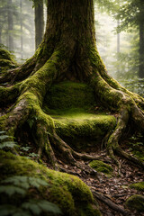 Obraz premium Mossy Tree Roots in Forest: An ancient, moss-covered tree roots, its gnarled form intricately woven, stands sentinel in a misty forest, exuding a sense of timelessness and natural wonder.