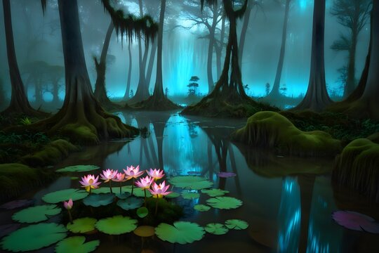 Mystical lotus pond glowing pink flowers misty swamp ancient trees blue fog moonlight