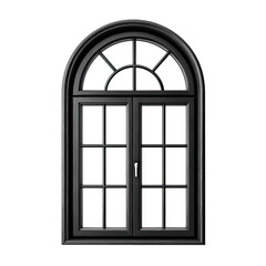Black framed arched window with multi-pane design, against black background