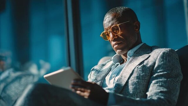  An accomplished individual, wearing stylish eyewear and a sophisticated suit, engrossed in a digital tablet, epitomizing modern intellect and professional focus.