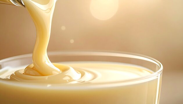Sweetened condensed milk being poured into a glass bowl.