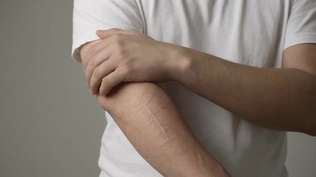 Close up of adult person showing scarred skin on arm wearing white shirt against neutral background