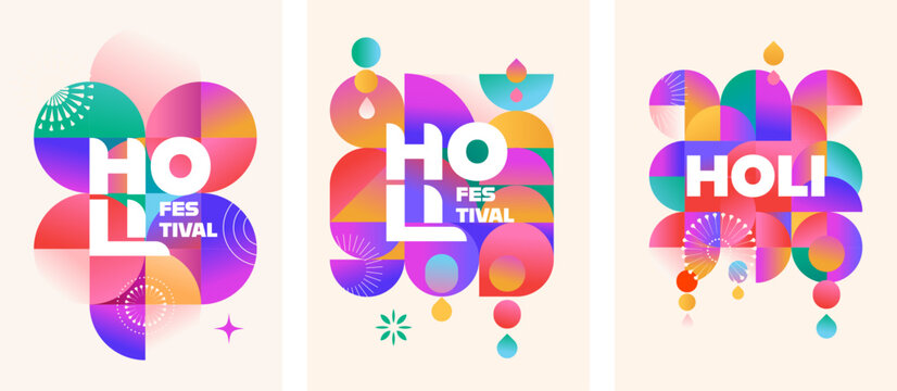 Geometric colourful Holi backgrounds. Indian festival of colors templates set