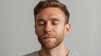 Fototapeta premium Close-up portrait of a young man with his eyes closed. he has short, curly hair and a beard. he is wearing a grey t-shirt and is looking off to the side with a peaceful expression on his face.