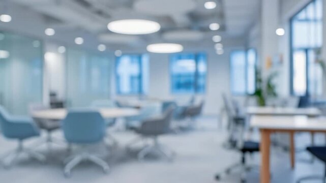 Modern bright office space with meeting tables and swivel chairs in a professional work environment