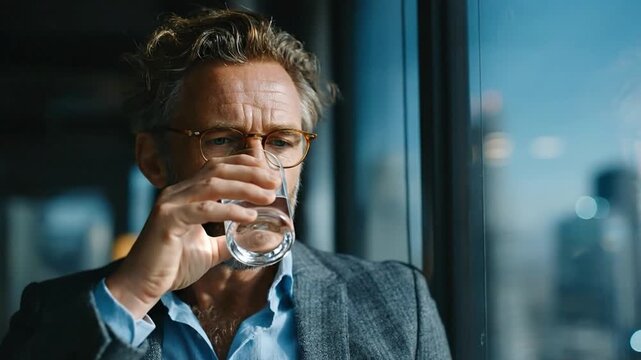  A focused man with a glass of water, absorbing the city scenery through a large window, suggesting introspection and thoughtful contemplation.