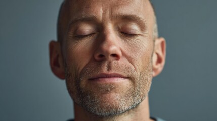 Obraz premium Close-up portrait of a middle-aged man's face. he appears to be in his late 40s or early 50s, with a bald head and a goatee.