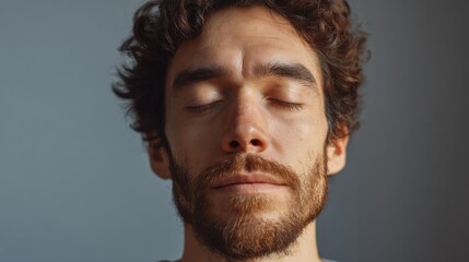 Obraz premium Close-up portrait of a young man's face. he has curly hair and a beard. his eyes are closed and his head is tilted slightly to the side. he appears to be in a peaceful and relaxed state.