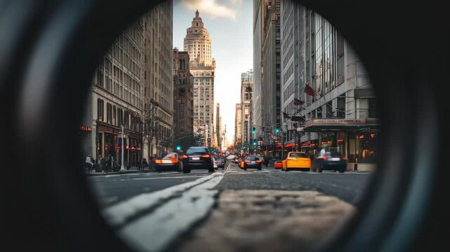 View of a busy city street through a round opening showing cars, buildings, and street lights in a metropolitan area during late afternoon hours
