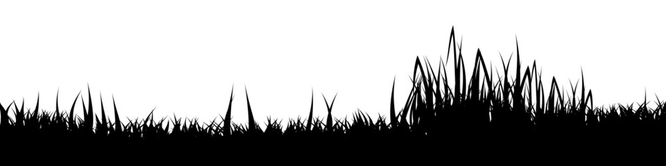Obraz premium Meadow silhouette with grass, plants on plain. Panoramic summer lawn landscape with herbs, various weeds. Herbal border, frame element. Black horizontal banners. Vector illustration.