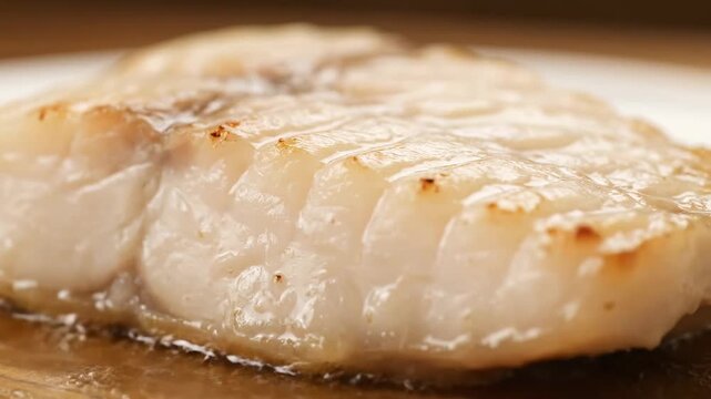 Macro Close-up Shot of Perfectly Cooked Flaky White Fish Fillet (Cod or Sea Bass) With a Golden Sear Resting in Oil