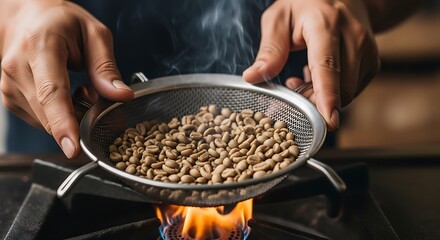 Hands Roasting Coffee Beans Over Gas Flame with a Vintage Stainer