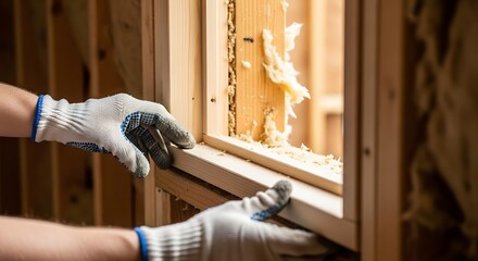Hands Installing New Window Frame with Insulation Inside Wooden Wall