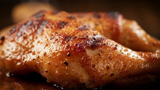 Delicious close-up of perfectly grilled chicken leg quarter steaming hot, coated in glossy golden sauce and seasoning, ready to eat.
