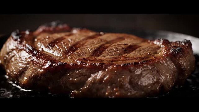 High-quality, juicy ribeye steak searing on a hot black cast iron pan, showing perfect grill marks and glistening fat. Detailed macro shot of appetizing gourmet beef.