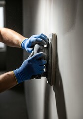 Handyman smoothing wall surface using sanding tool in renovation project