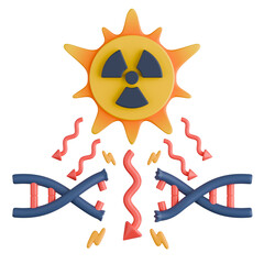 3D illustration featuring radioactive symbol emitting ionizing radiation rays causing damaged DNA. Represents health risks from radiation exposure.