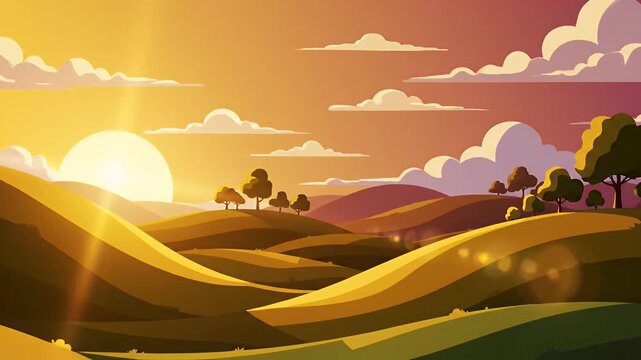 Stylized rolling hills landscape with trees during golden hour sunset