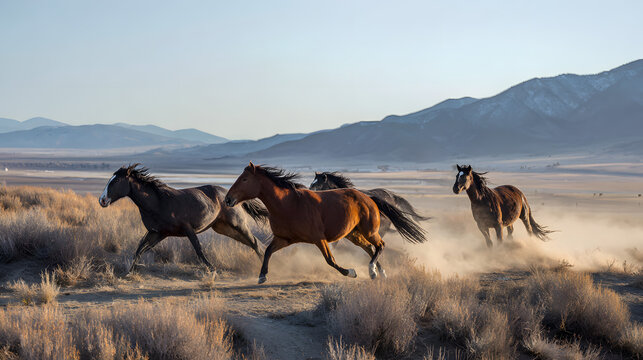 galloping. A herd of wild horses galloping across a grassland at golden hour. wildlife magazines, conservation campaigns, designed for nature documentaries and education, used by travel agents.