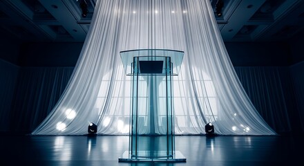 Illuminated glass podium stands before a graceful draped curtain backdrop