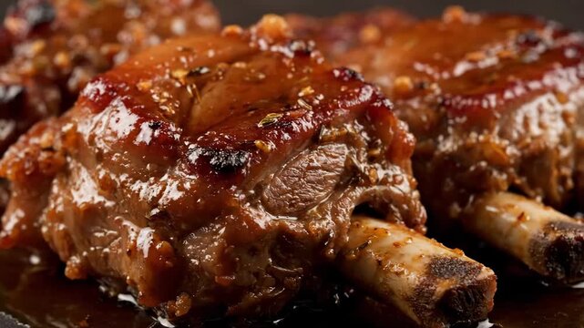Deliciously Glazed Meat Shanks or Short Ribs Coated in a Rich, Sticky Brown Barbecue Sauce. Macro Close-up of Gourmet Slow-Cooked Meat Dish for Restaurant Menu.