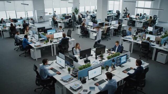 Aerial view of a bustling office environment with people working on computers in a modern workspace setting