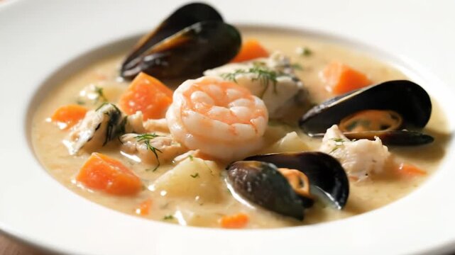 Close-up of rich and creamy seafood chowder bowl featuring mussels, large shrimp, white fish chunks, carrots, and potatoes, served in a white bowl.