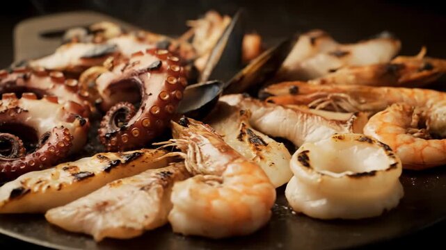 Close-up of mixed fresh seafood grilling on a hot metal plate, featuring octopus tentacles, large prawns, and fish fillets steaming during preparation for a gourmet dish.