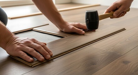 Laying new laminate flooring with hammer in home renovation project