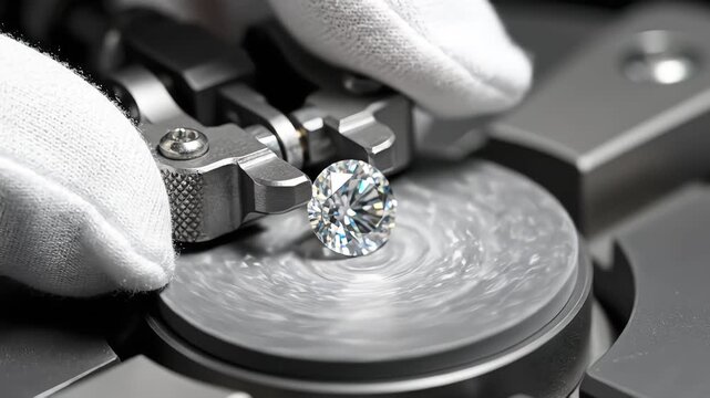 Close up view of a brilliant cut diamond being polished on a rotating scaife wheel by a jeweler wearing white gloves in a professional workshop