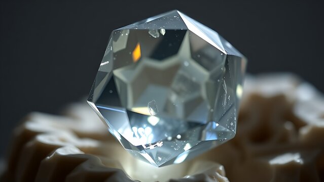 condoning. A naturally formed icosahedral crystal mineral, refracting geometric light in soft natural lighting against a clean background. STEM education sheets.