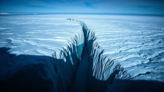 monopole. A vast glacier with a deep, dark crevasse splitting its surface, cold blue and white tones. travel magazines, destination branding, designed for outdoor magazines and nature guides.