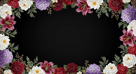Luxurious Floral Frame with Roses, Lilies and Hydrangeas on Dark Backdrop