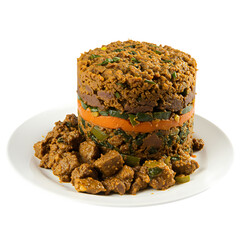 Elegant Layered Meat and Vegetable Gourmet Tower Dish cut-out