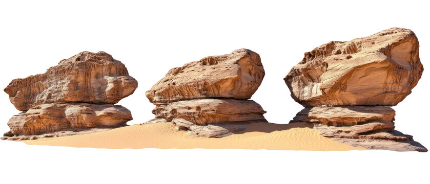 Three Eroded Sandstone Rock Formations on Sandy Ground in Transparent Background