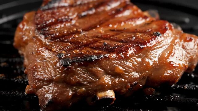 Extreme Close-up of Juicy BBQ Glazed Pork Ribs Grilling on a Hot Black Grate. Delicious Caramelized Grilled Meat Cooking Slowly.