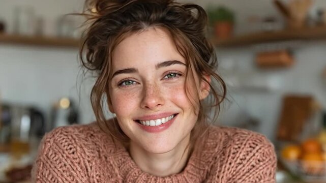 A close-up portrait showcases a youthful person with a genuine smile and captivating eyes, exuding a sense of pure joy.