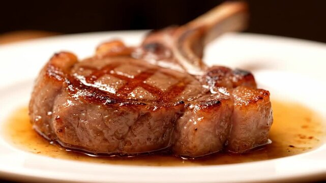 Close-up of a gourmet grilled bone-in meat chop, perfectly seared with defined grill marks and resting in savory jus on a white dish, highlighting premium fine dining cuisine.