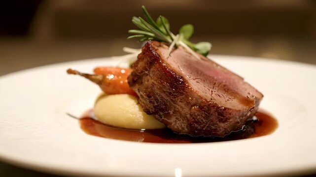 Gourmet Seared Meat Fillet (Steak/Lamb Loin) Served Medium-Rare with Gravy, Mashed Potatoes, and Roasted Carrots on a White Plate in a Fine Dining Restaurant Setting