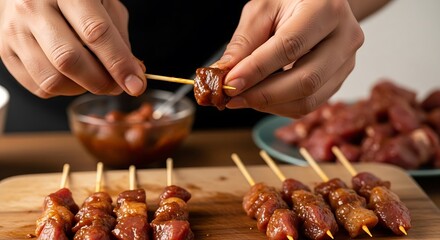 Process of preparing flavorful meat skewers with sauce at home kitchen